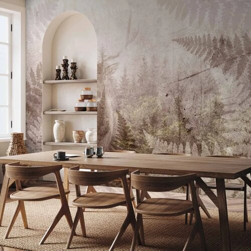  Foto tapeta - Forest motif - deer with antlers among fern leaves on concrete pattern 150x105 Cene