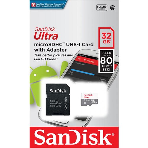 Sandisk Spominska kartica Ultra Micro SDHC C10 U1, 80 MB/s, 32 GB + SD adapter Slike