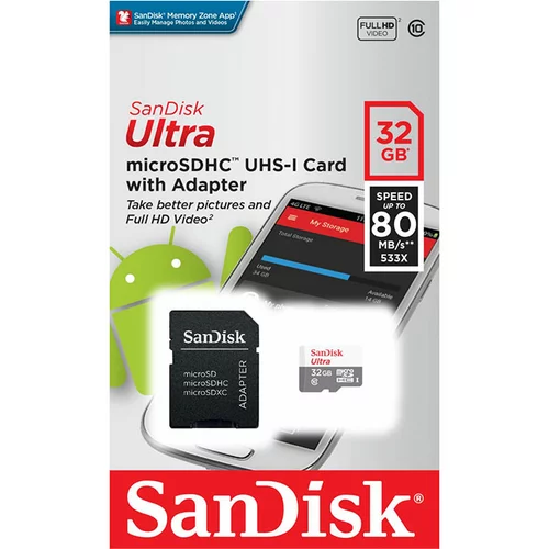 Sandisk Spominska kartica Ultra Micro SDHC C10 U1, 80 MB/s, 32 GB + SD adapter