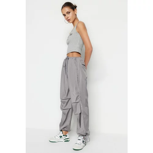 Trendyol Gray Woven Parachute High Waist Trousers with Belt