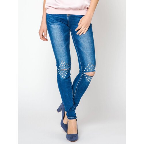 Trang Jeans Jeans decorated with cuts and rhinestones on the knees navy blue Slike