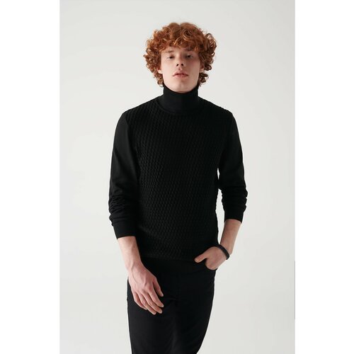 Avva Men's Black Full Turtleneck Front Textured Cotton Standard Fit Regular Cut Knitwear Sweater Slike