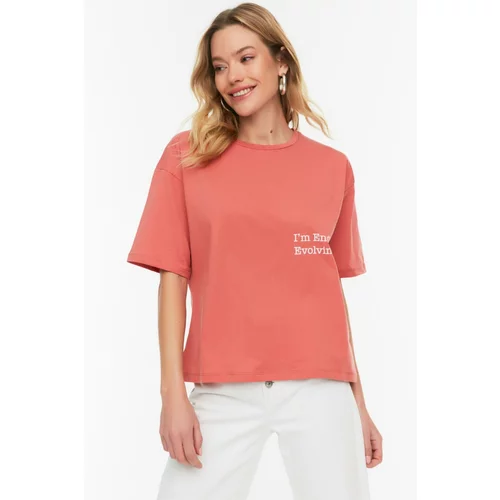 Trendyol Cinnamon Printed Loose Knitted T-Shirt