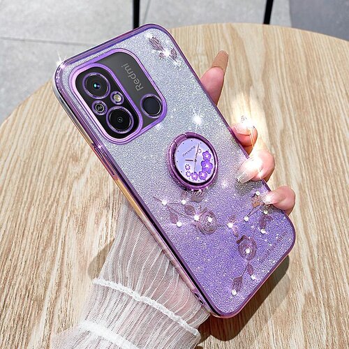 INORCO Galvanizirana torbica za telefon Xiaomi Redmi 12C 4G/11A 4G/Poco C55 4G Glitter Gradient Rhinestone Flower TPU Kickstand Cover, (22035610) Slike
