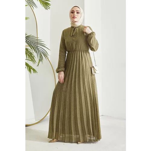 InStyle Ramona Crispy Pattern Pleated Chiffon Hijab Dress - Khaki