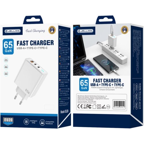 Jellico EU20 STENSKI POLNILEC ZA APPLE IPHONE IN IPAD Z MOČJO 65 W 2X USB-C 1X USB, (5000337747) Cene