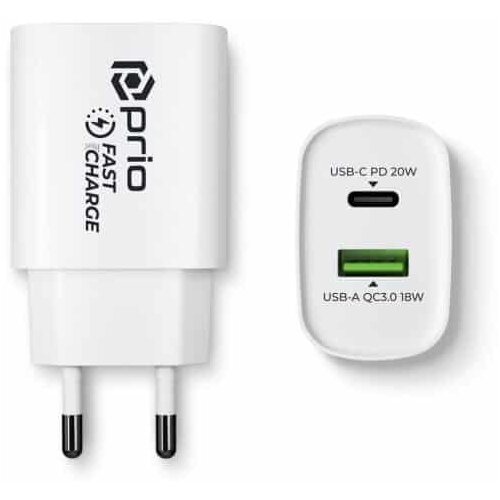 Prio Fast Charge stenski polnilec 20W PD (USB C) + QC 3.0 (USB A) bel Cene