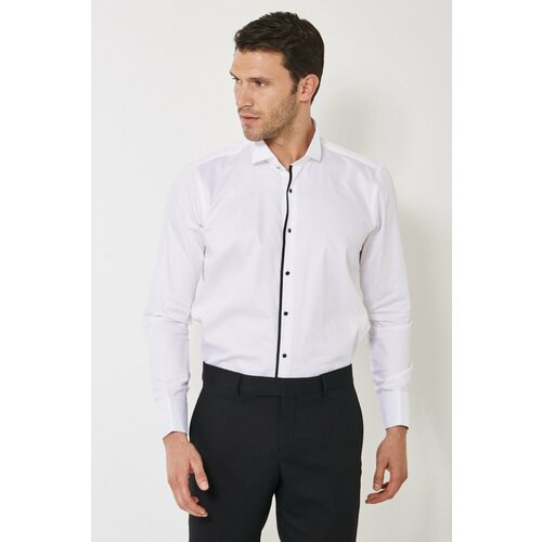 ALTINYILDIZ CLASSICS Men's White-black Slim Fit Slim Fit 100% Cotton Shirt with Collar Collar. Slike