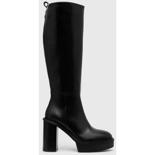 Tommy Hilfiger Usnjeni elegantni škornji ELEVATED PLATEAU LONGBOOT ženski, črna barva, FW0FW07545