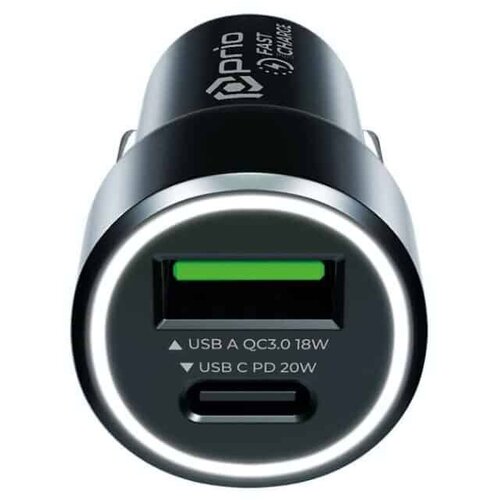 Prio Fast Charge Car Charger 20W PD (USB C) + QC 3.0 (USB A) black Slike