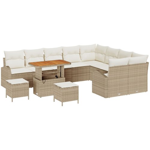 vidaXL 12 dijelni set garniture za vrt s jastučićima bež poli ratan akacija, 3-dijelni set za blagovanje u vrtu s jastučićima bež poli ratan akacija, 2-sjedna sofa u vrtu s jastučićima bež poli ratan Cijene