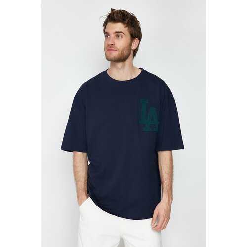 Trendyol Navy Blue Men's Oversize Suzene City Embroidered 100% Cotton T-Shirt Cene