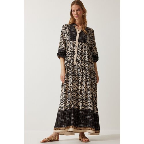 Women's Black Beige Patterned Oversize Summer Viscose Dress Slike