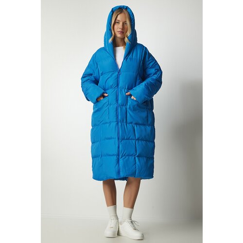 Happiness İstanbul Women's Sky Blue Oversized Long Down Coat with a Hoodie Slike