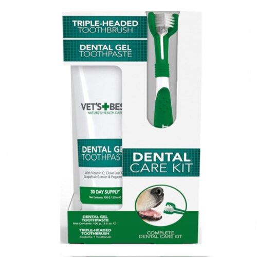 Vets Best komplet za dentalnu negu pasa – trostrana četkica i enzimatska pasta za zube Slike