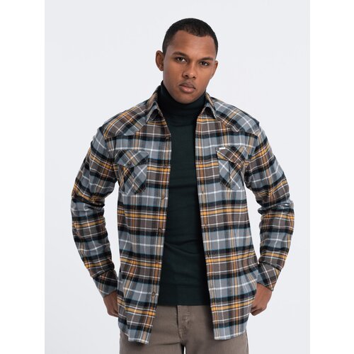Ombre Men's checkered flannel shirt with pockets - gray-yellow Cijene