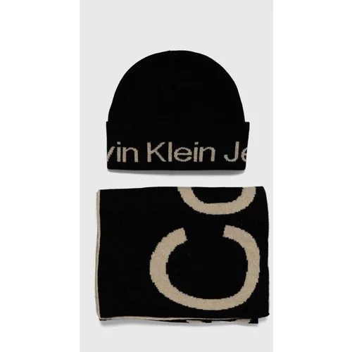 Calvin Klein Jeans Volnena kapa in šal črna barva