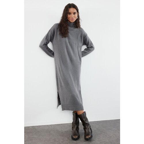 Trendyol Anthracite Midi Knitwear Wide Fit Soft Textured High Collar Dress Slike