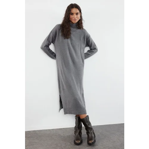 Trendyol Anthracite Midi Knitwear Wide Fit Soft Textured High Collar Dress