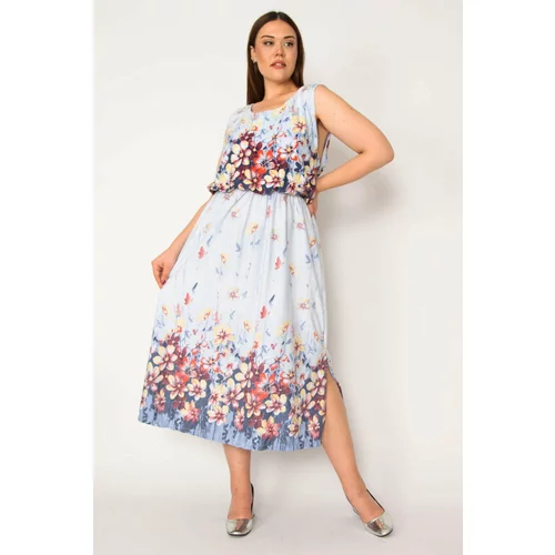 Şans Women's Plus Size Blue Elastic Waist Patterned Patterned Dress