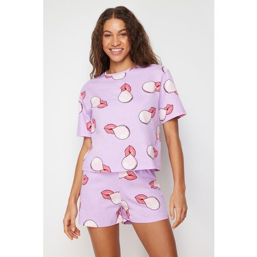 Trendyol Lilac 100% Cotton Lip Printed Knitted Pajamas Set Slike
