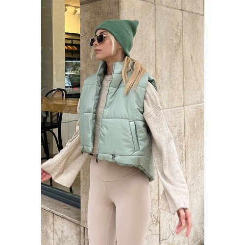 Trend Alaçatı Stili Women's Mint Stand Collar Double Pockets Fully Filled Inflatable Vest with an Adjustable Waist Slike