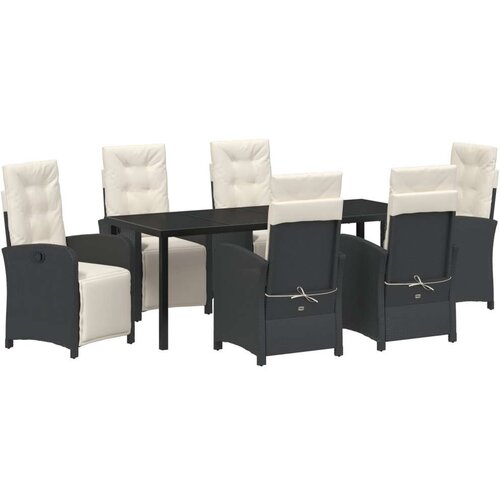  7-dijelni vrtni set za objedovanje s jastučićima crni poli ratan vrtni stol crni 200x80x73 cm kaljeno staklo Cene