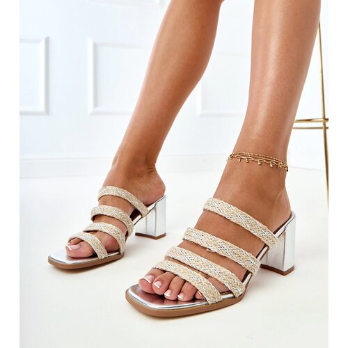 Gemre Silver block heel sandals with braided straps Sarile Cene