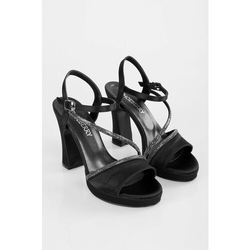 Shoeberry Women's Alaia Black Satin Stone Platform Heel Shoes Slike