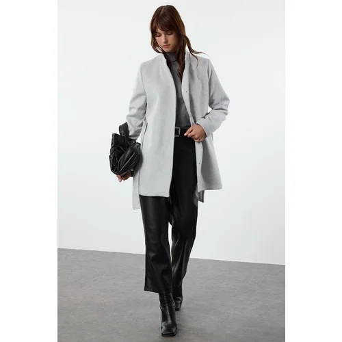 Trendyol Grey Belted Wool Short Cashmere Coat