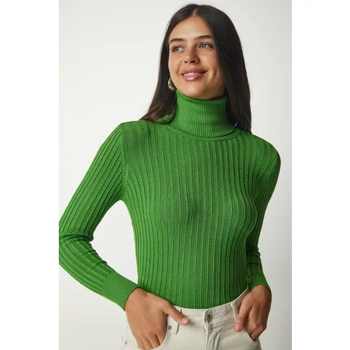 Happiness İstanbul Women's Light Green Turtleneck Corduroy Basic Sweater