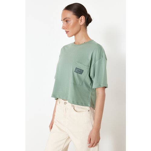 Trendyol Mint More Sustainable 100% Cotton Relaxed Crop Pocket and Printed Knitted T-Shirt Cene