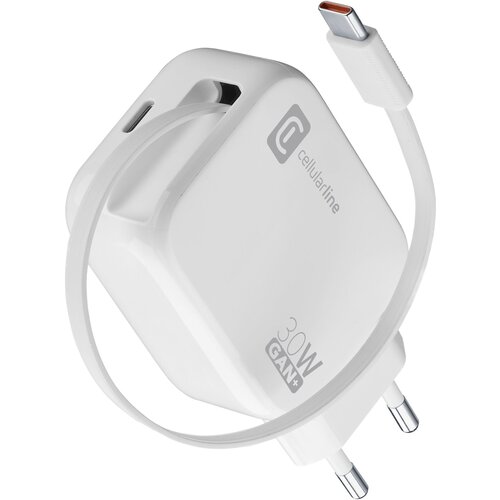 Cellular Line Hi&amp;scaron;ni polnilec navijalni GAN USB-C 30W, bel, (5000091237) Slike