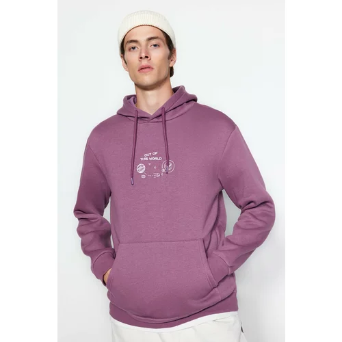 Trendyol Lilac Men's Regular/Regular Cut, Space Embroidery Hooded Sweatshirt.