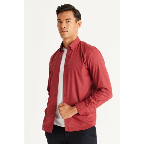AC&Co / Altınyıldız Classics Men's Claret Red Tailored Slim Fit Slim Fit Oxford Buttoned Collar Linen-Looking 100% Cotton Flared Shirt. Slike