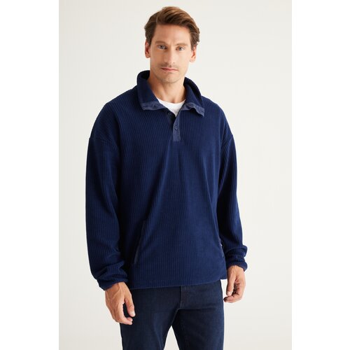AC&Co / Altınyıldız Classics Men's Navy Blue Loose Fit Stand-Up Collar Jacquard Soft Touch Fleece Sweatshirt Cene