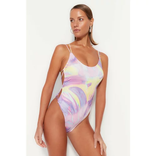Trendyol Abstract Patterned Round Neck Swimwear with Low-Cut Back Regular Leg
