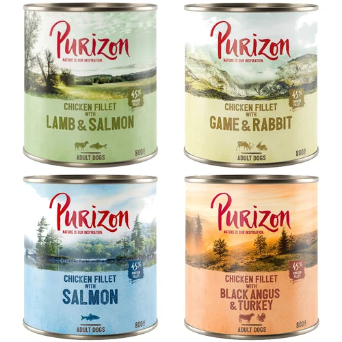 Purizon Varčno pakiranje 24 x 800 g - brez žit - Miks (8x Black Angus, 8x jagnjetina, 4x losos, 4x divjačina)