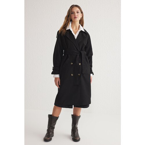 Trendyol Black Belted Windbreaker Detailed Water Repellent Long Trench Coat Cene