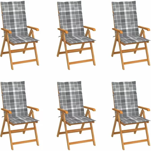  Vrtne stolice sa sivim kariranim jastucima 6 kom od tikovine
