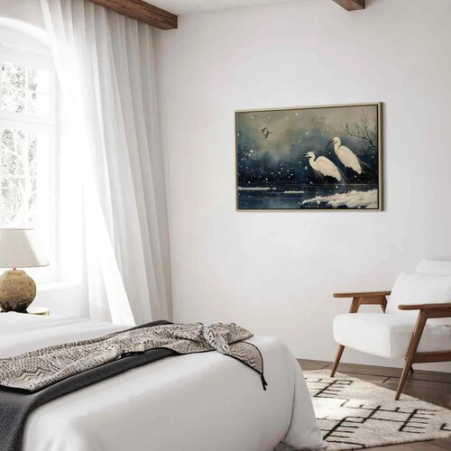  Slika - Herons over a winter pond - Japanese-style illustration in dark colours 90x60 U prirodnom drvenom okviru Slike