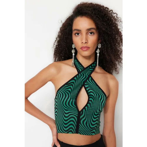 Trendyol Black-Green Crop Knitted Animal Print Bustier with Window/Cut Out Detail