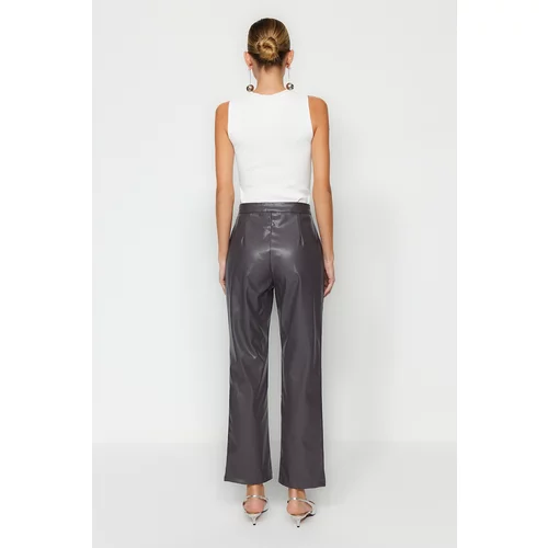 Trendyol Anthracite Straight Weave Faux Leather Trousers