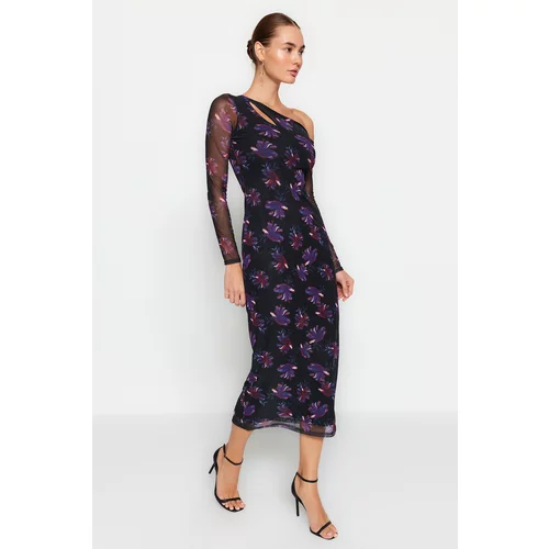 Trendyol Black Printed Asymmetrical Collar Close-fitting Lined Tulle Midi Knit Dress