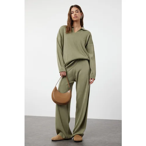 Trendyol Khaki Polo Neck Knitwear Sweater Trousers Bottom-Top Set