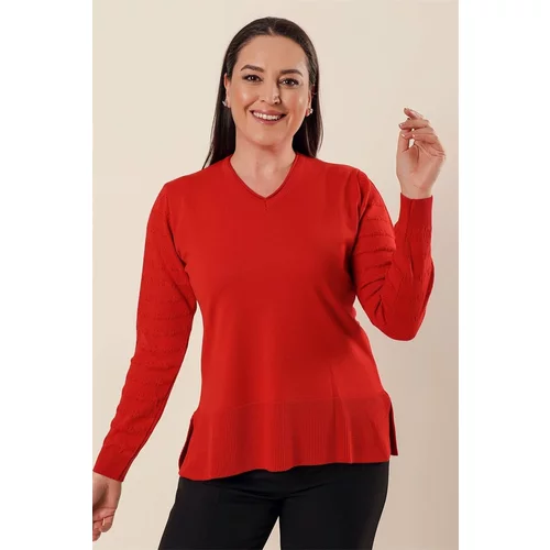 By Saygı V-neck Acrylic Sweater with Models with Sleeves and Slits in the Sides, Plus Size Coral.