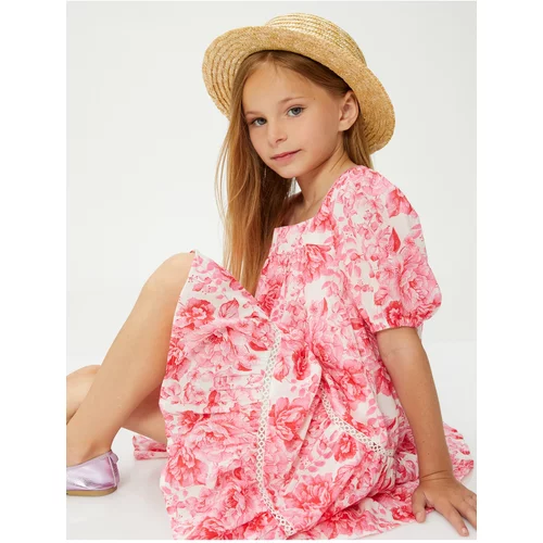 Koton Mini Floral Dress With Short Balloon Sleeves Square Neck Lined.