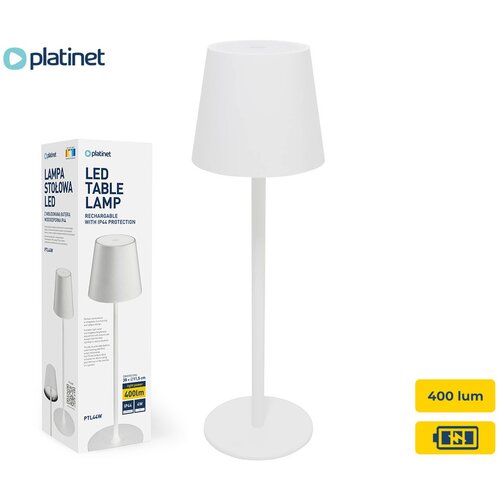 Platinet PTL44W brezžična namizna LED svetilka, do 400 lumnov, 4000mAh polnilna baterija, IP44 odpornost, USB Type-C, kovina, bela, (21556538) Cene