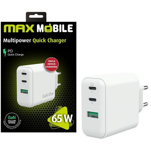 Max Mobile KUĆNI PUNJAČ PD SUPER FAST CHARGE Duo TypeC+USB-A,3UTR2076-QP,GaN 65W Slike