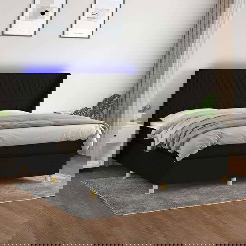  Box spring postelja z vzmetnico LED črna 160x200 cm blago Slike